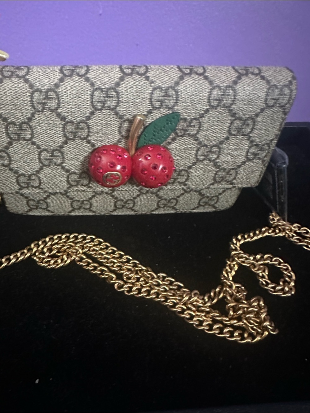 Gucci GG Supreme Monogram Cherry Crossbody Bag with Gold Chain